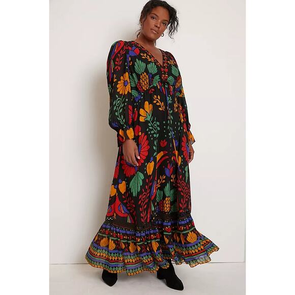 Farm Rio Georgette Tropical Puff Sleeve V-Neck Ruffle Maxi Dress Black Medium - Picture 1 of 14